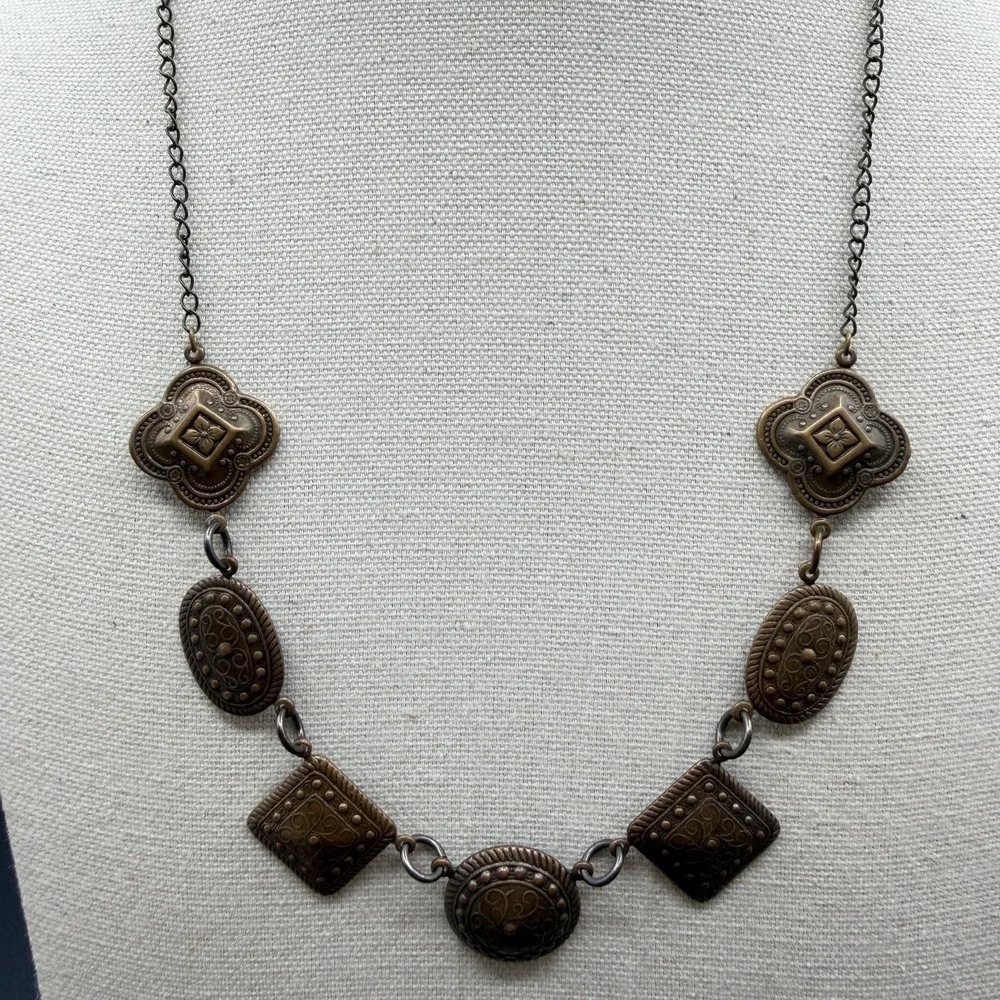 Bronze Tone Filigree Geometric Statement Necklace Boho Cottagecore Festival Gift
